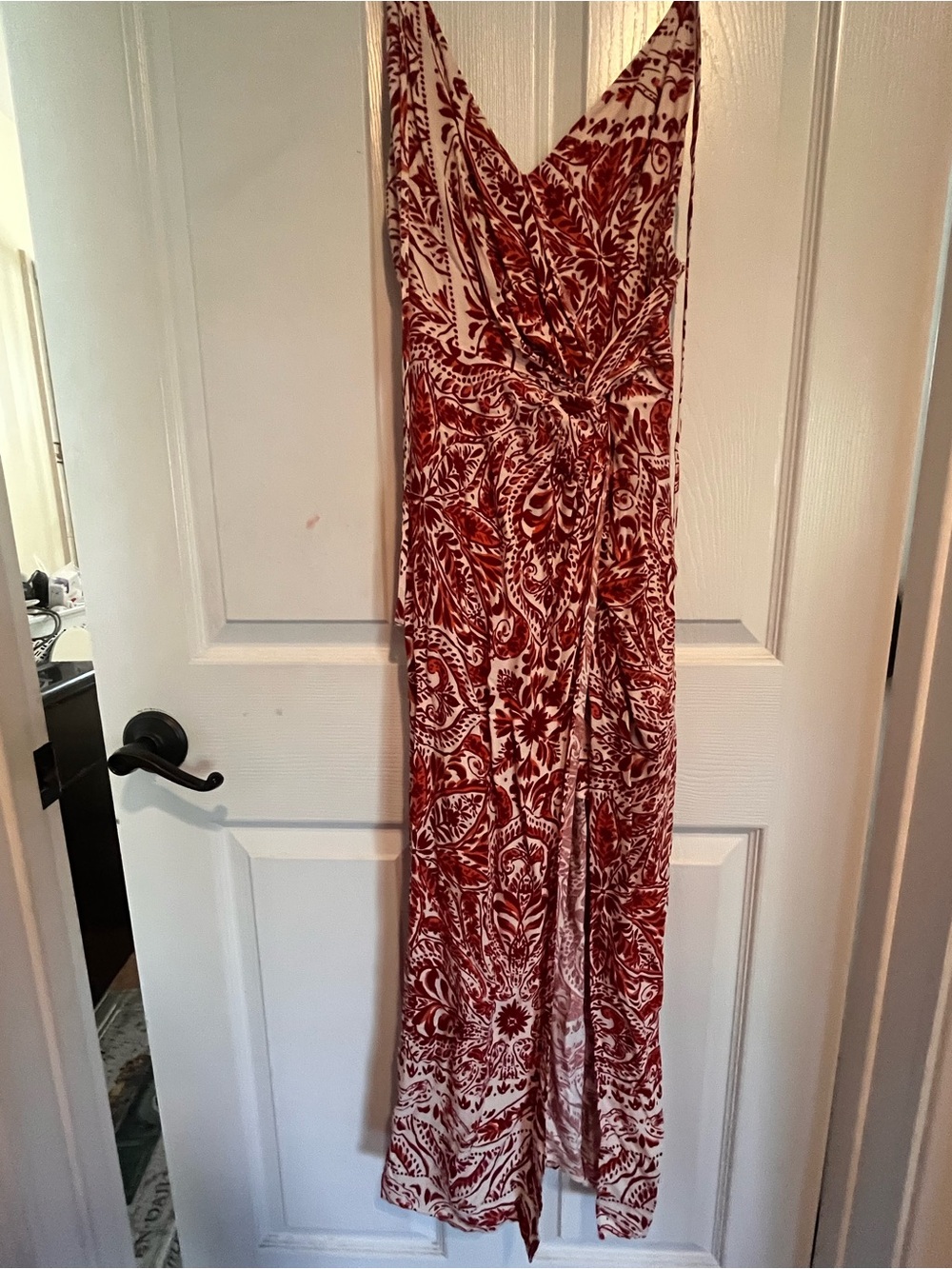 Forever 21 bohemian tropical Red, Orange and Cream Printed Dress With Open Back.